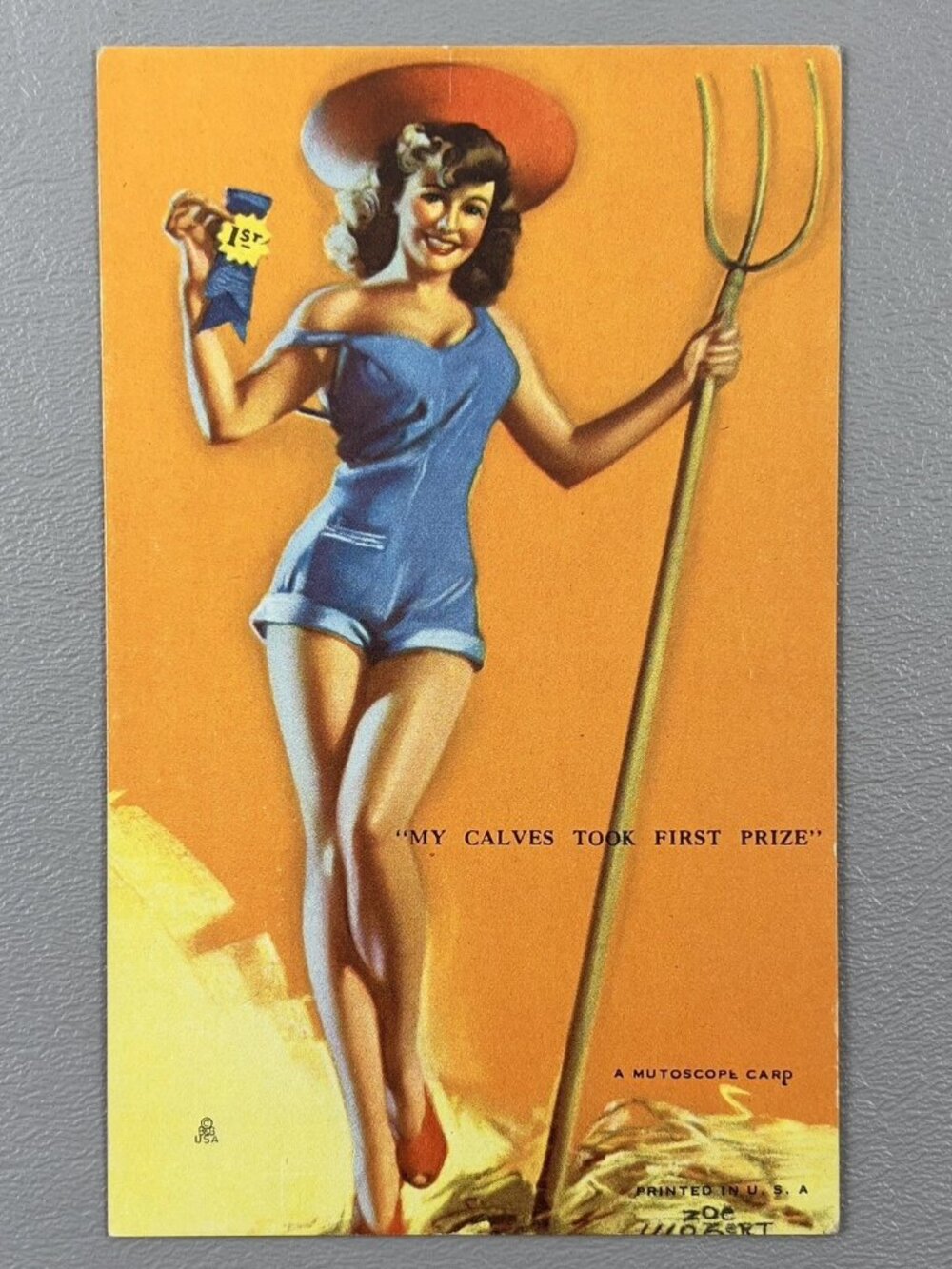 Vintage Mutoscope Pin Up Card My Calves Took First Place Zoe Mozert Cowgirl